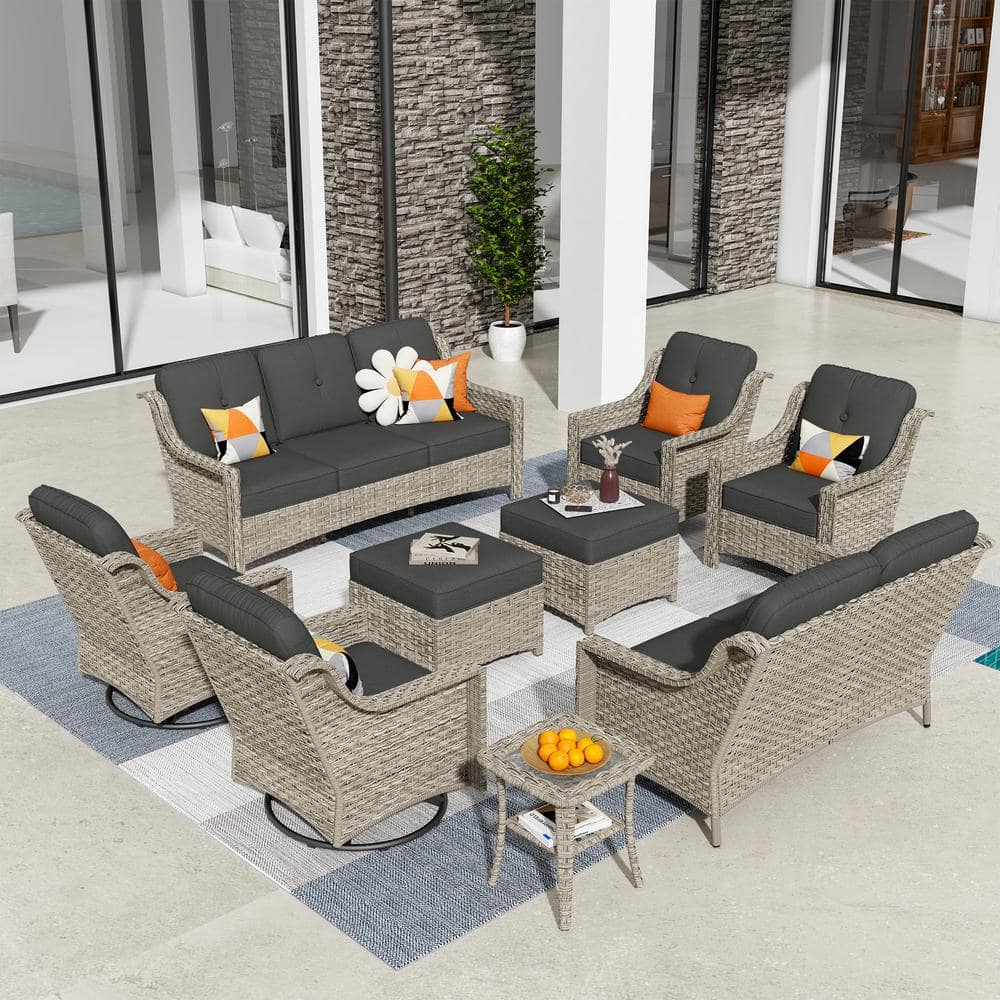Tulip H Gray 9-Piece Wicker Patio Outdoor Conversation Sofa Set with Swivel Rocking Chairs and Black Cushions price history on PriceWatchPro