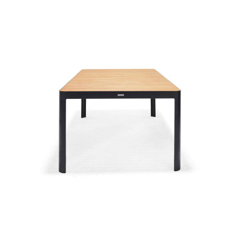 Rectangular outdoor dining table with a teak wood top and black metal frame.