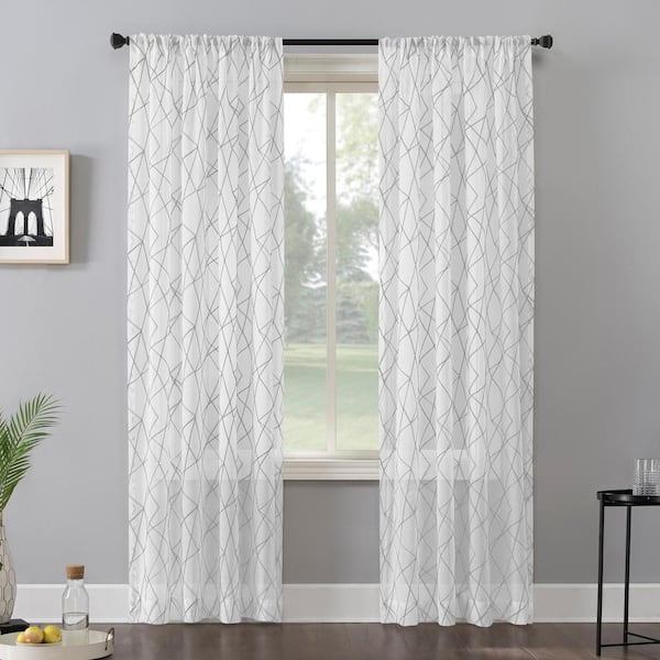 Sun Zero Abstract Geometric Embroidery Gray 50 in. W x 84 in. L Rod Pocket Light Filtering Curtain (Single Panel)