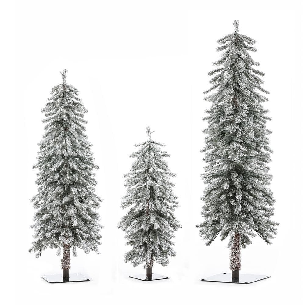 LuxenHome Pre-Lit LED Flocked Fir Slim Artificial Christmas Trees - Set of 3