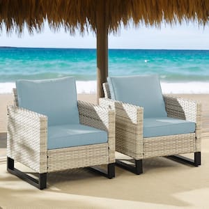 LightBeige Wicker Outdoor Patio Lounge Chair with CushionGuard BabyBlue Cushions (2-Pack)