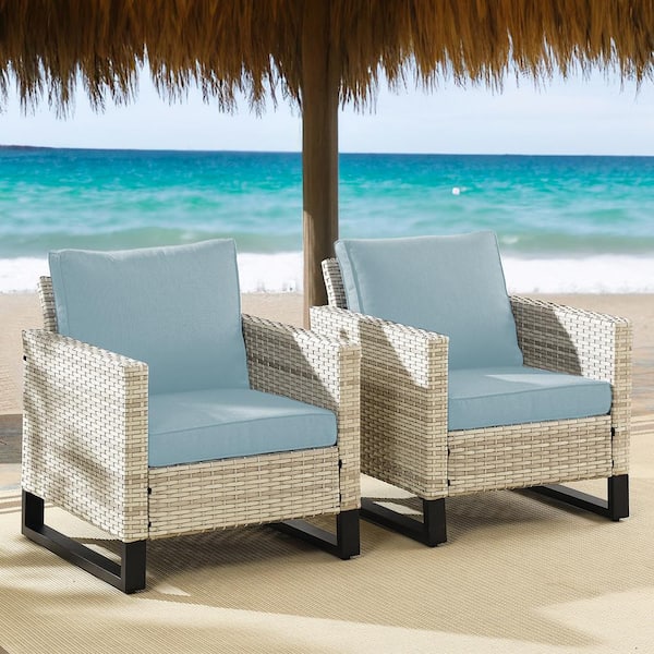 Pocassy LightBeige Wicker Outdoor Patio Lounge Chair with CushionGuard BabyBlue Cushions (2-Pack)