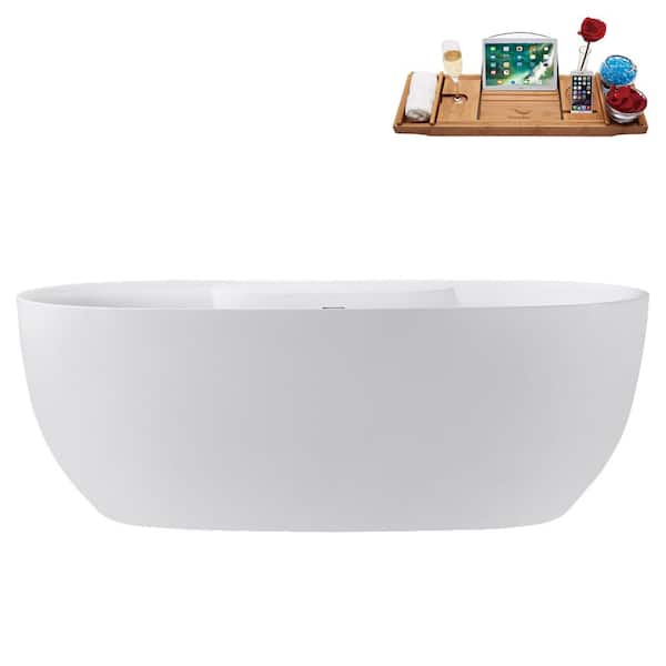 Streamline 67 in. x 30 in. Acrylic Freestanding Soaking Bathtub in Glossy White with Matte Black Drain, Bamboo Tray