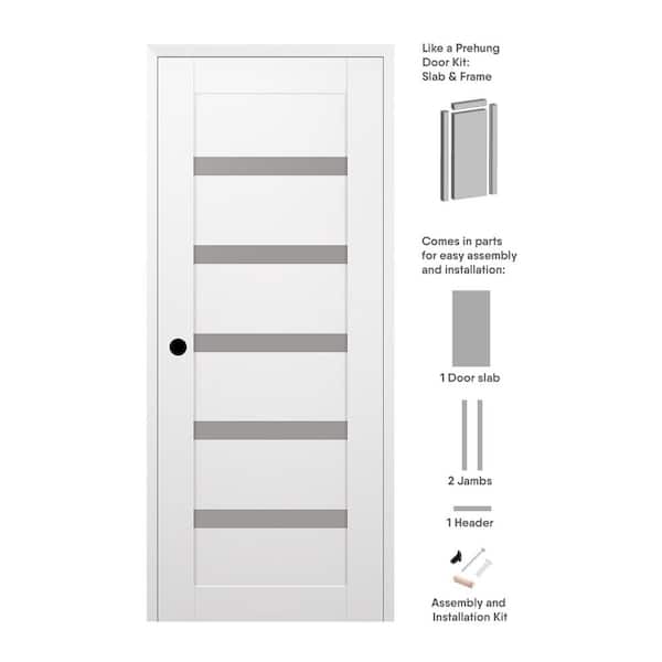 Leora 36 in. x 84 in. Right Hand 6 Lite Frosted Glass Snow White Composite Wood Single Prehung Interior Door