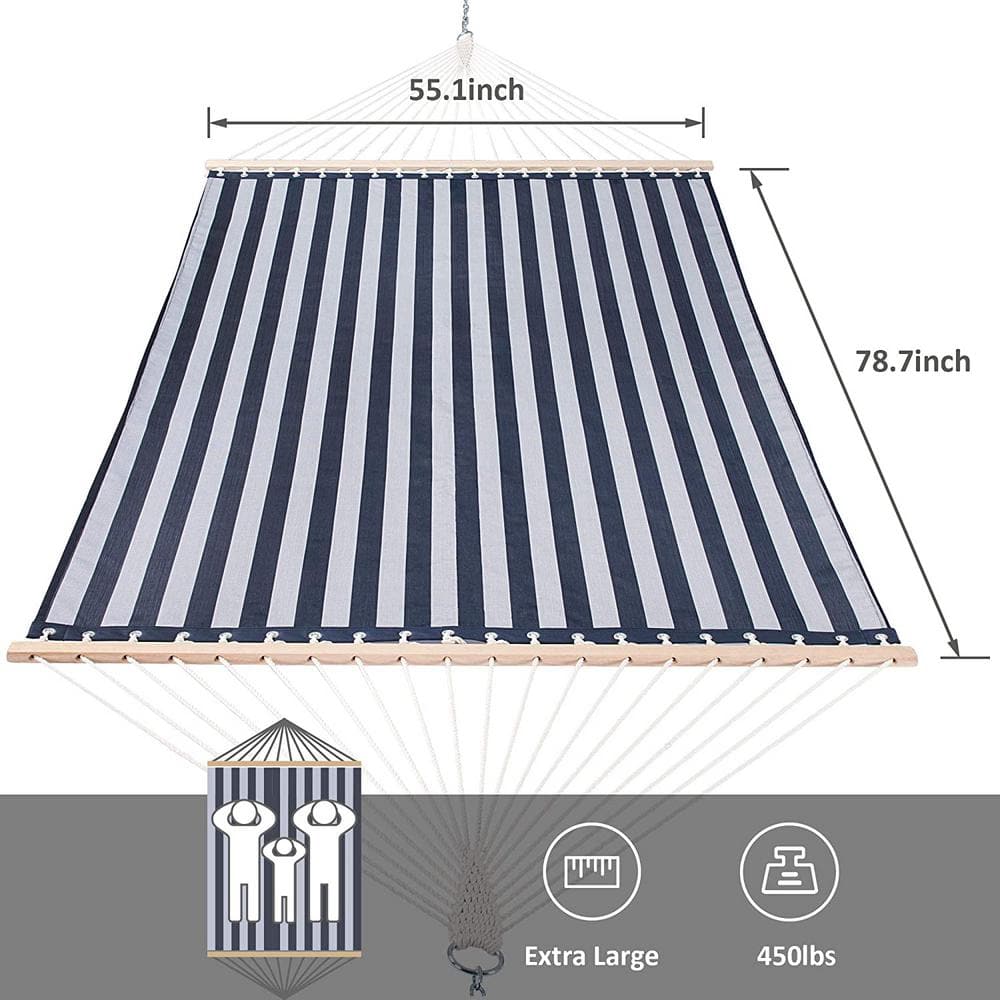 Blue and White Striped Polyester Double Hammock with Hardwood Spreader Bar