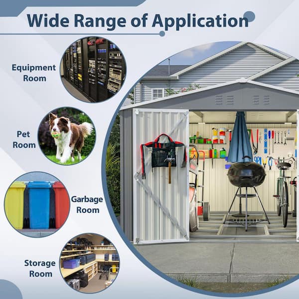 10 ft. W x 8 ft. D Grey Metal Storage Shed with Lockable Double