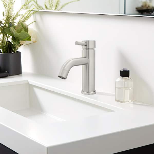 Single Handle Lavatory Faucet 4 in. Centerset, Lever Style Handle, Ceramic Control, Matching Push Pop-Up Stainless Steel
