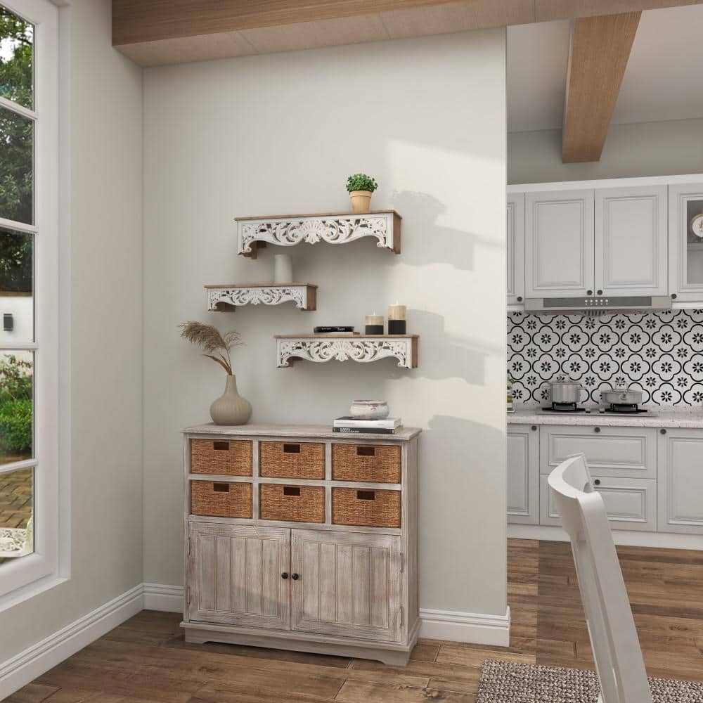 Elegant Carved Brown Wood 3-Tier Floating Wall Shelf Set