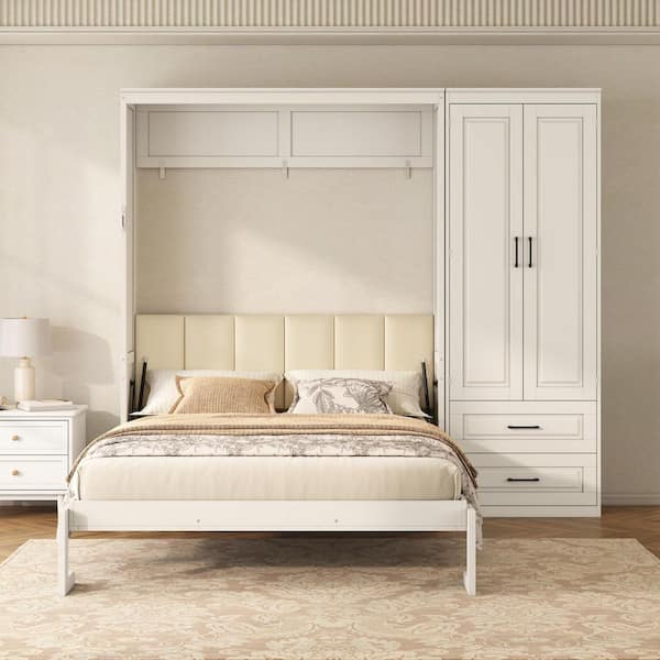 Modern White Wood Frame Queen Murphy Bed with Wardrobe, Drawers and Upholstered Headboard