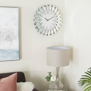 Silver Wood Mirrored Starburst Analog Wall Clock