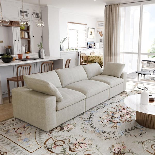 J&E Home 120 in. Square Arm Linen Deep Seat L Shaped 5-Piece Sectional Sofa in Light Brown with Removable Covers for Living Room JE-C121KH-Z