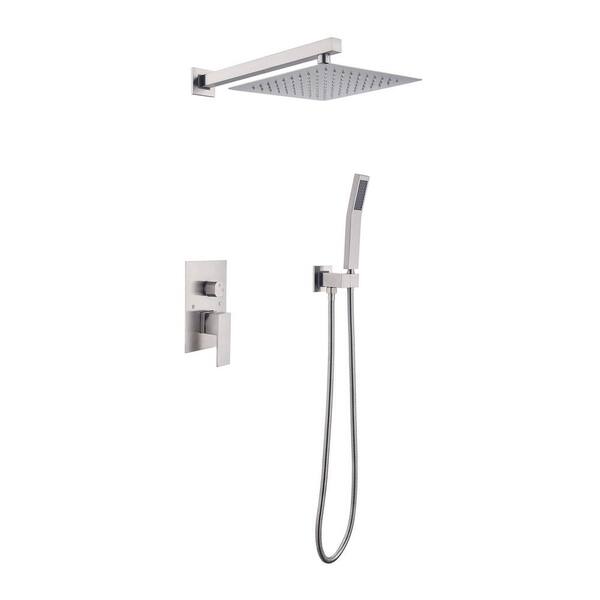 Mondawe 1-Spray Patterns 10 in. Wall Mount Square Rainfall Dual Shower Heads with Handheld in Brushed Nickel