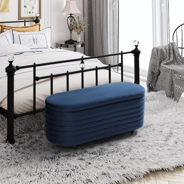 WESTINFURNITURE Farrah 42 in. Wide Oval Velvet Upholstered Entryway Flip Top Storage Bedroom Accent Bench in Navy Blue