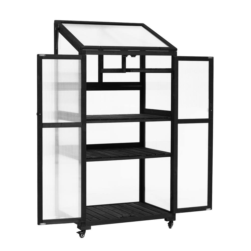 31.5 in. W x 62 in. H Outdoor Indoor Black Wood Plant Stand Greenhouse Portable Cold Frame with Wheels price history on PriceWatchPro