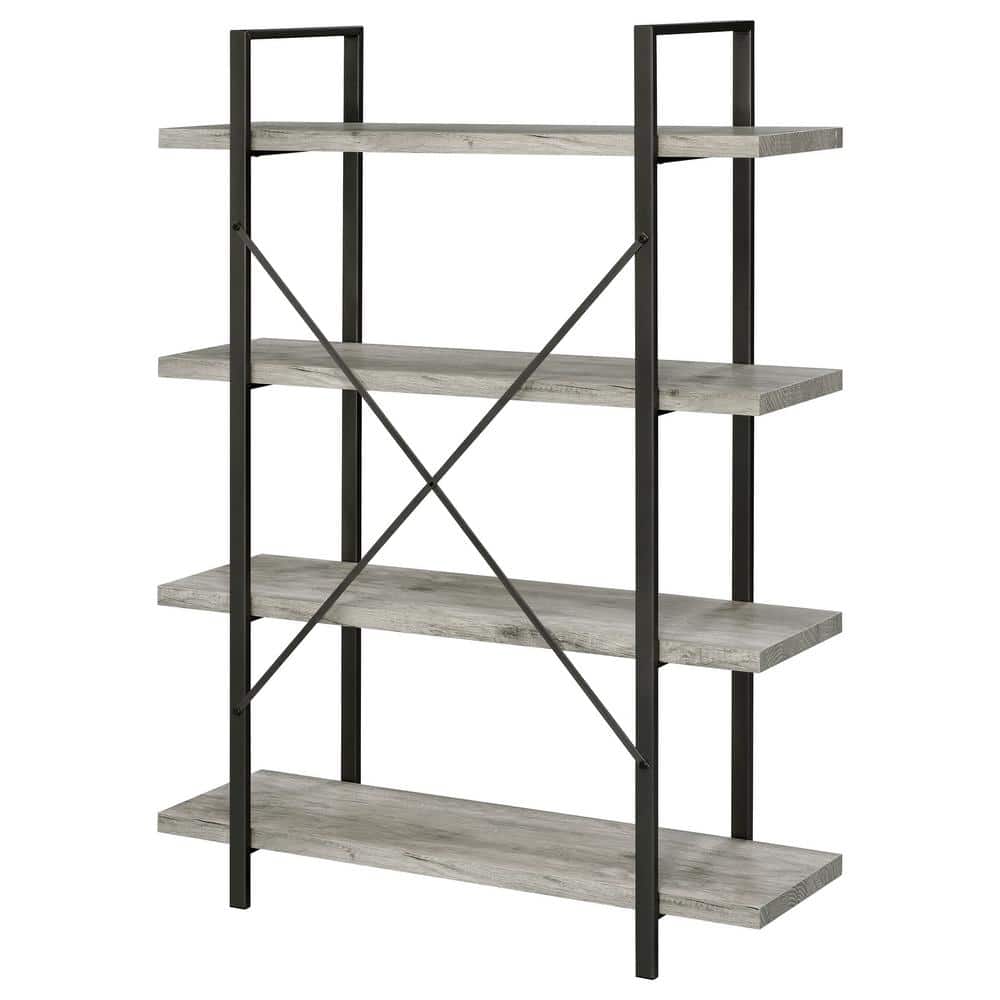 Pearl Silver 55" Transitional 4-Shelf Bookcase with Cross-Back Design