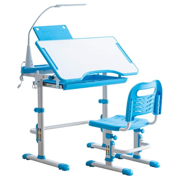 Gymax Adjustable Kids Study Desk Drafting Table Chair Set w/ Bookshelf Blue  