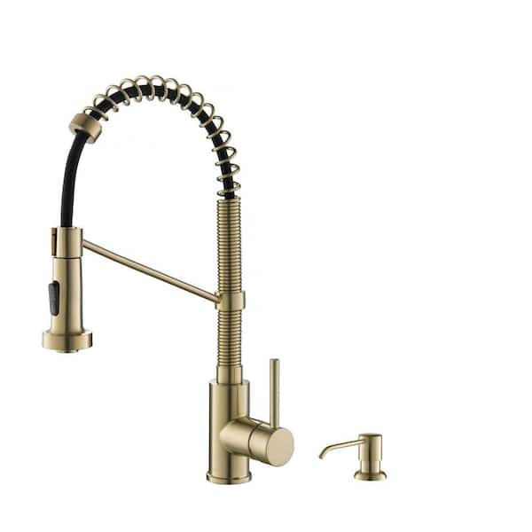 KRAUS Bolden Single Handle 18-Inch Commercial Kitchen Faucet with Soap Dispenser in Spot Free Antique Champagne Bronze Finish