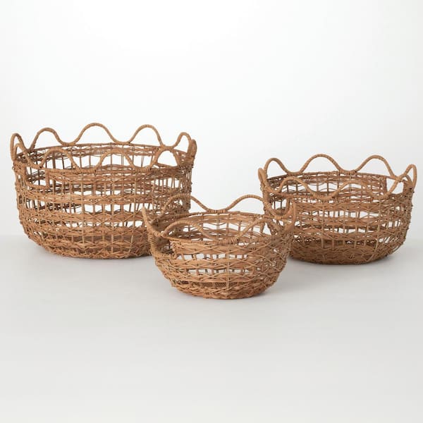 Brown 20.25 in. x 12.25 in., 17.5 in. x 10 in. and 14.5 in. x 8.5 in. Large Nested Wicker Decorative Basket (Set of 3)