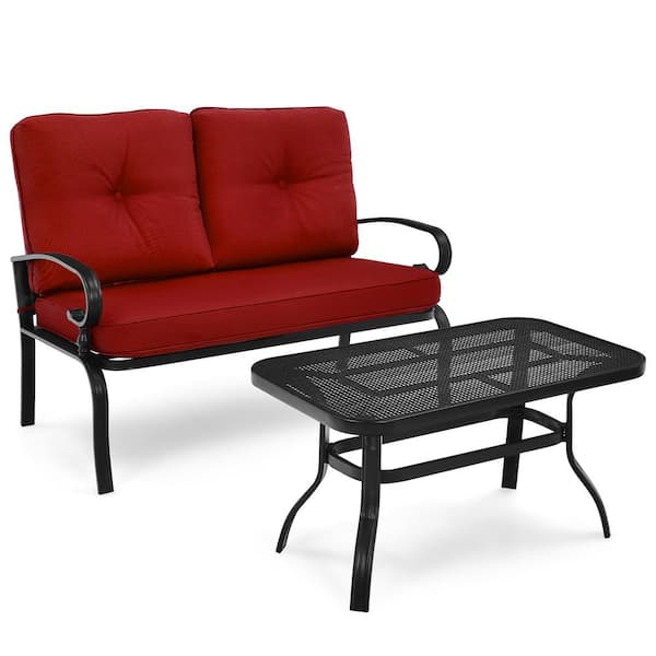 Costway 2-Pieces Metal Outdoor Loveseat Bench Table Furniture Set with Red Cushions