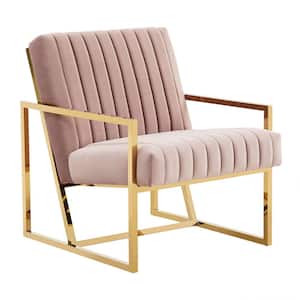 Montgomery Pink Modern Upholstered Velvet Pinstripe Design Accent Armchair with Gold Frame