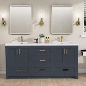 72 in. W x 22 in. D x 35.5 in. H Double Sink Bath Vanity Freestanding Cabinet in Navy Blue with White Stone Resin Top