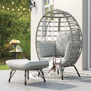 Gray Wicker Egg Chair with Outdoor Ottoman and Gray Cushion