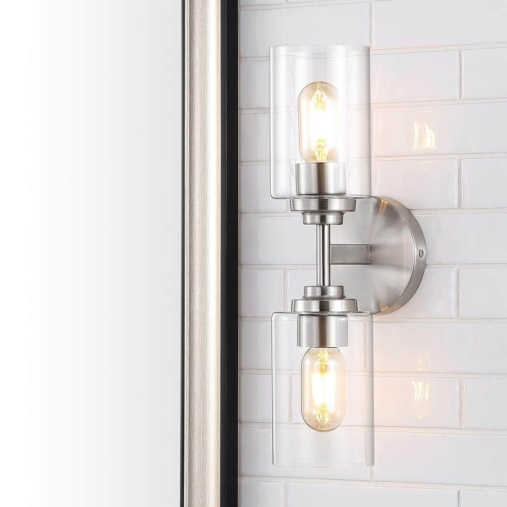 Giles 16  2-Light Farmhouse Industrial Iron Cylinder LED Vanity  Nickel/Clear