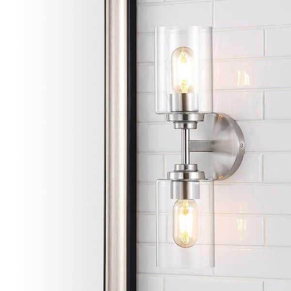 JONATHAN Y Giles 16 in. 2-Light Nickel Farmhouse Industrial Iron Cylinder LED Wall Sconce Vanity Light