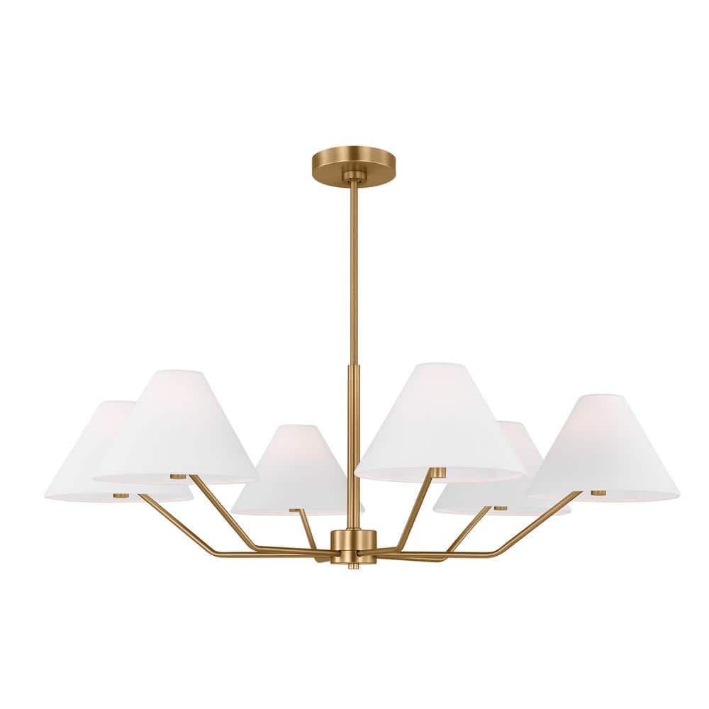 Elegant Mid-Century Satin Brass 6-Light Chandelier with White Linen Shade