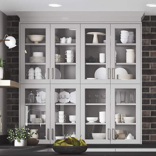 Hampton Bay Designer Series Melvern Assembled 30x36x12 in. Wall Kitchen Cabinet with Glass Doors in Heron Gray