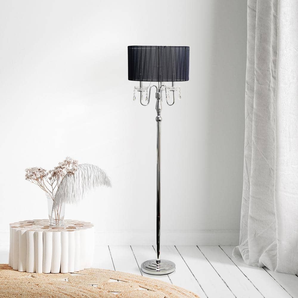 Glamorous Chrome and Black Crystal Floor Lamp with Barrel Shade