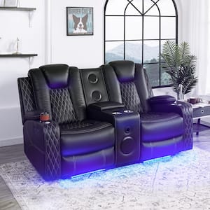 Black air leather home theater seating with power reclines, 6 cupholders, tray, built-in speaker, and USB ports