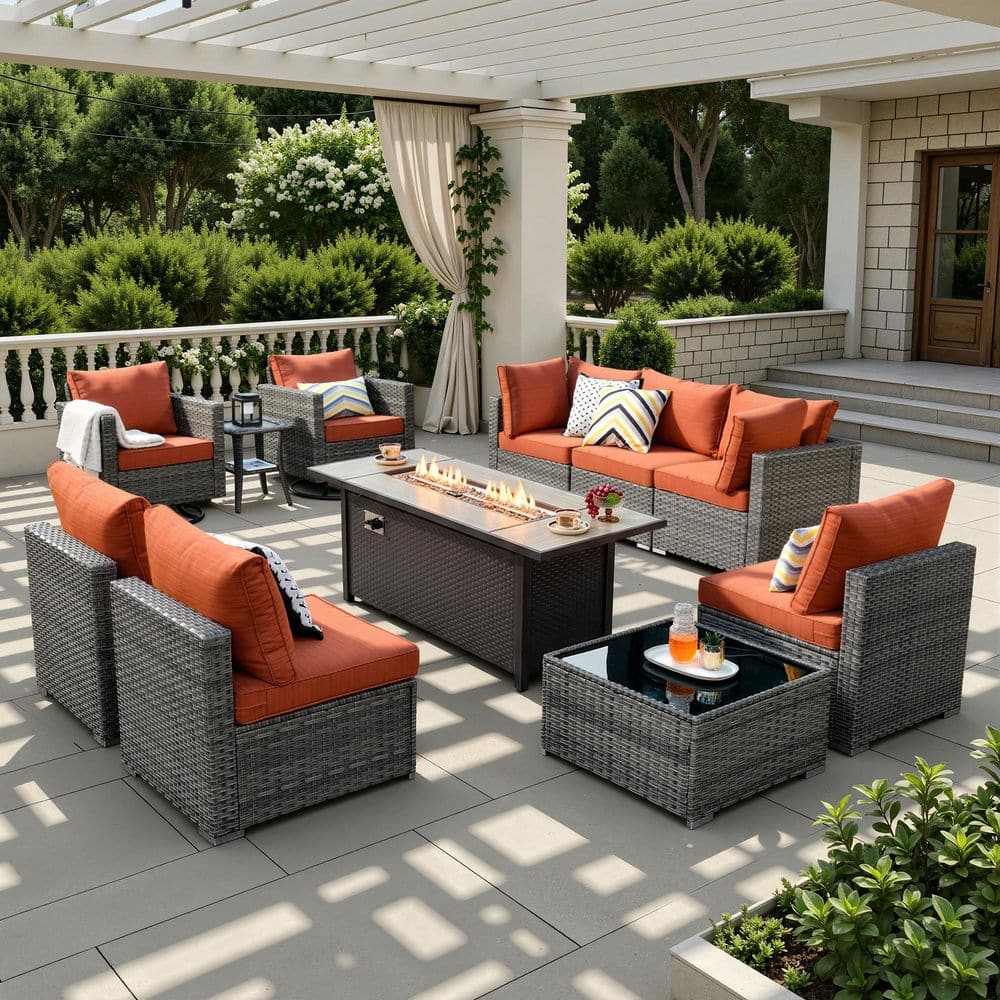 Hoppie Gray 11-Piece Wicker Patio 54 in. Fire Pit Conversation Set with Orange Red Cushions and Swivel Rocking Chairs price history on PriceWatchPro