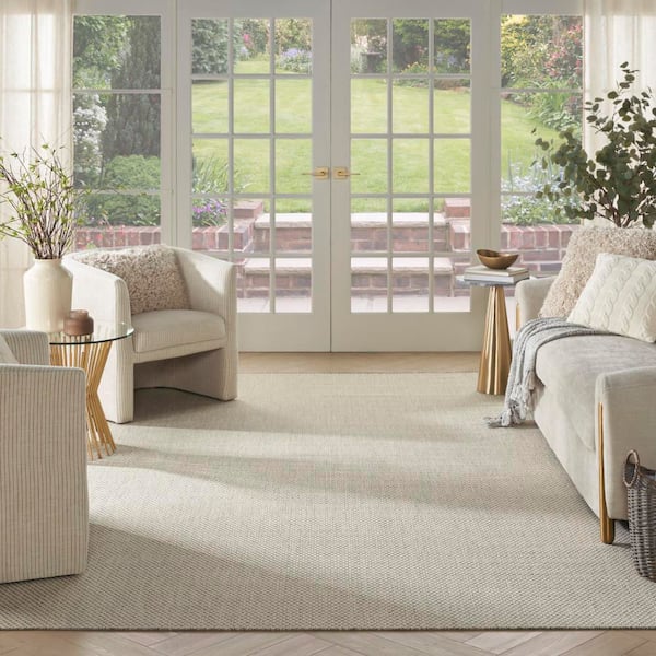 Courtyard Ivory Silver 9 ft. x 12 ft. Geometric Contemporary Indoor/Outdoor Patio Area Rug