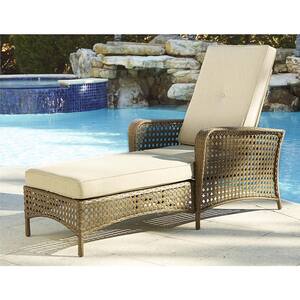Brown Wicker Outdoor Patio Chaise Lounge with Tan Cushion