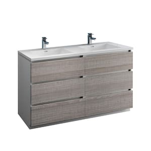 Lazzaro 60 in. Modern Double Bathroom Vanity in Glossy Ash Gray, Vanity Top in White with White Basins
