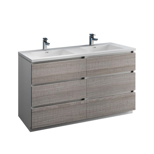 Fresca Lazzaro 60 in. Modern Double Bathroom Vanity in Glossy Ash Gray, Vanity Top in White with White Basins