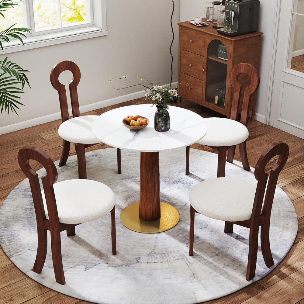 33.46 in. White Round Marble Top Conversation Accent Table Coffee Table Sets with Solid Wood Base, 2 Solid Wood Chairs