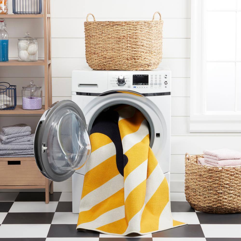 Blue and Gold Striped Kids Washable Synthetic Area Rug 4' x 6'