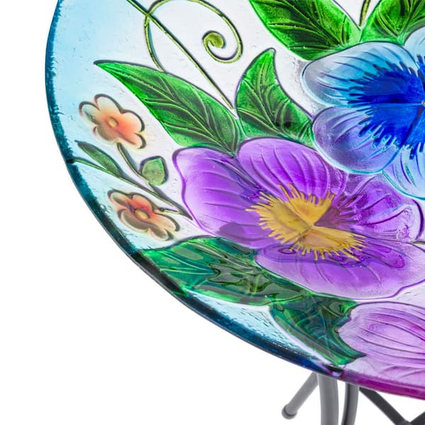 18 in. Glass Birdbath Topper with Colorful Butterfly and Flowers