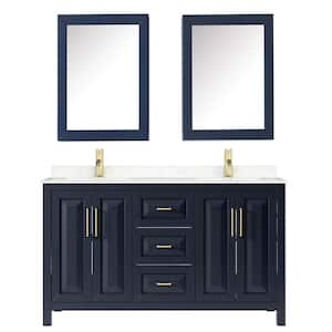 Daria 60 in.W x 22 in.D Double Vanity in Dark Blue w/Cultured Marble Vanity Top in Light-Vein Carrara w/Basins &Med Cabs