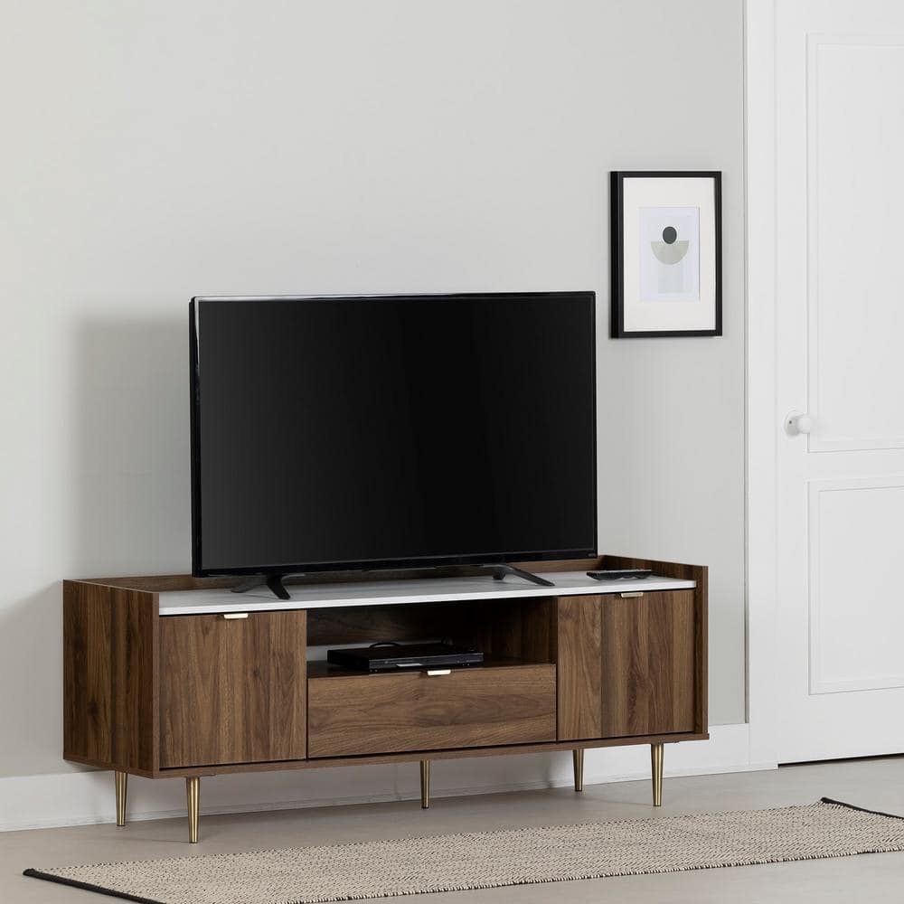 Natural Walnut and Faux Carrara Marble TV Stand with Cabinet