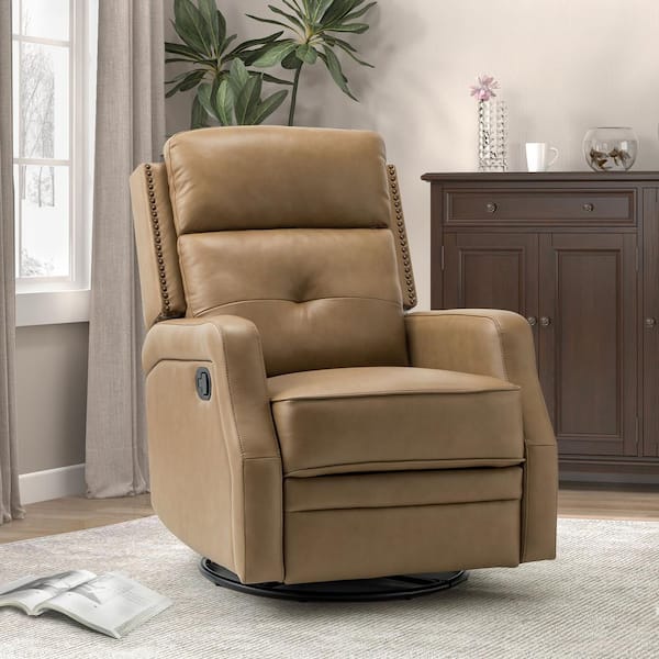Ifigenia 28.74 in. Wide Taupe Genuine Leather Swivel Rocker Recliner with Tufted Back