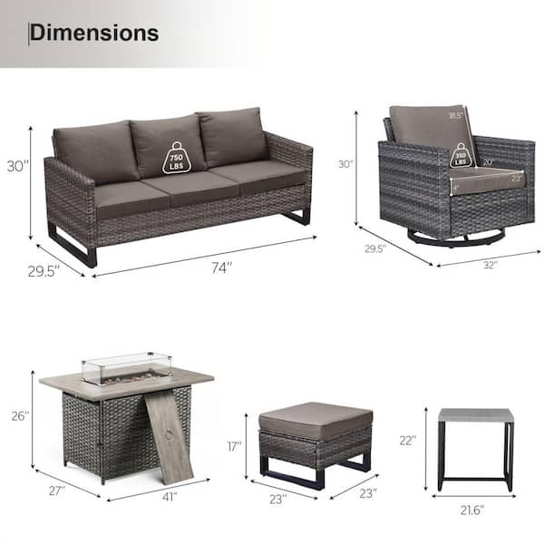 U-Foot 7-Piece Gray Wicker Fire Pit Conversation Set with Olefin Gray Cushions and Swivel Glider Chairs/Couch