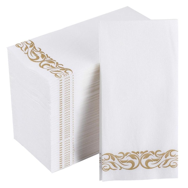 200-Pack Gold Floral Linen-Feel Disposable Paper Guest Towels, 12 x 17 in Cloth-Like Napkins for Parties