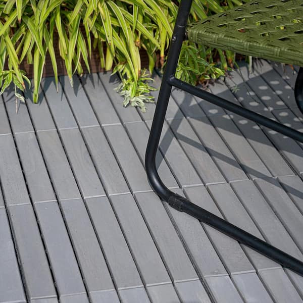 GOGEXX 12 in. x 12 in. Gray Square Acacia Wood Interlocking Flooring Deck Tiles Striped Pattern Outdoor Patio(Pack of 10 Tiles)