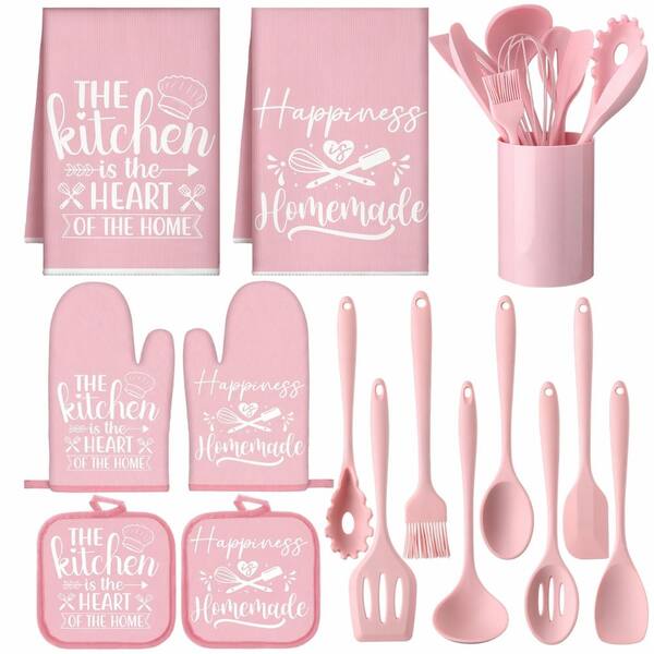 15-Piece Pink Farmhouse Kitchen Set with Towels, Oven Mitts, Pot Holders and Silicone Utensil Tools Set