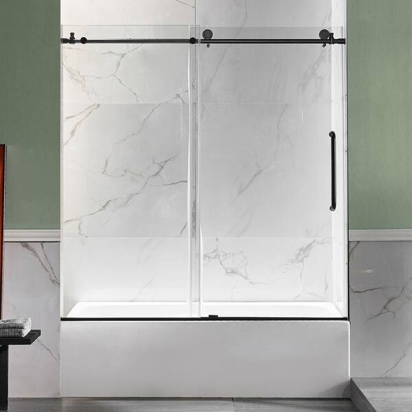 ANZZI - 60 in. L x 32 in. W x 83 in. H Right Drain White Rectangular Tub with Frameless Sliding Tub Door in Matte Black Finish