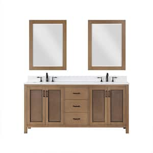 Hadiya 72 in. W x 22 in. D x 34 in. H Double Sink Bath Vanity in Brown Pine with White Composite Stone Top and Mirror