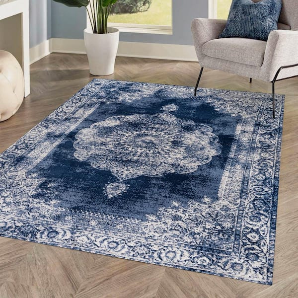 JONATHAN Y Rosalia Cottage Medallion Navy/Ivory 5 ft. x 8 ft. Area Rug ...